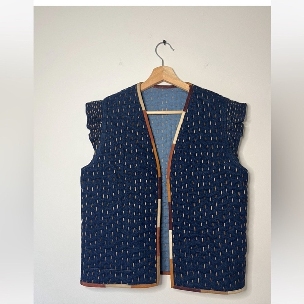 Sessun NWOT SZ Med Chiapello Denium Blue Quilted Vest leather trim‎ reversible - Picture 4 of 14